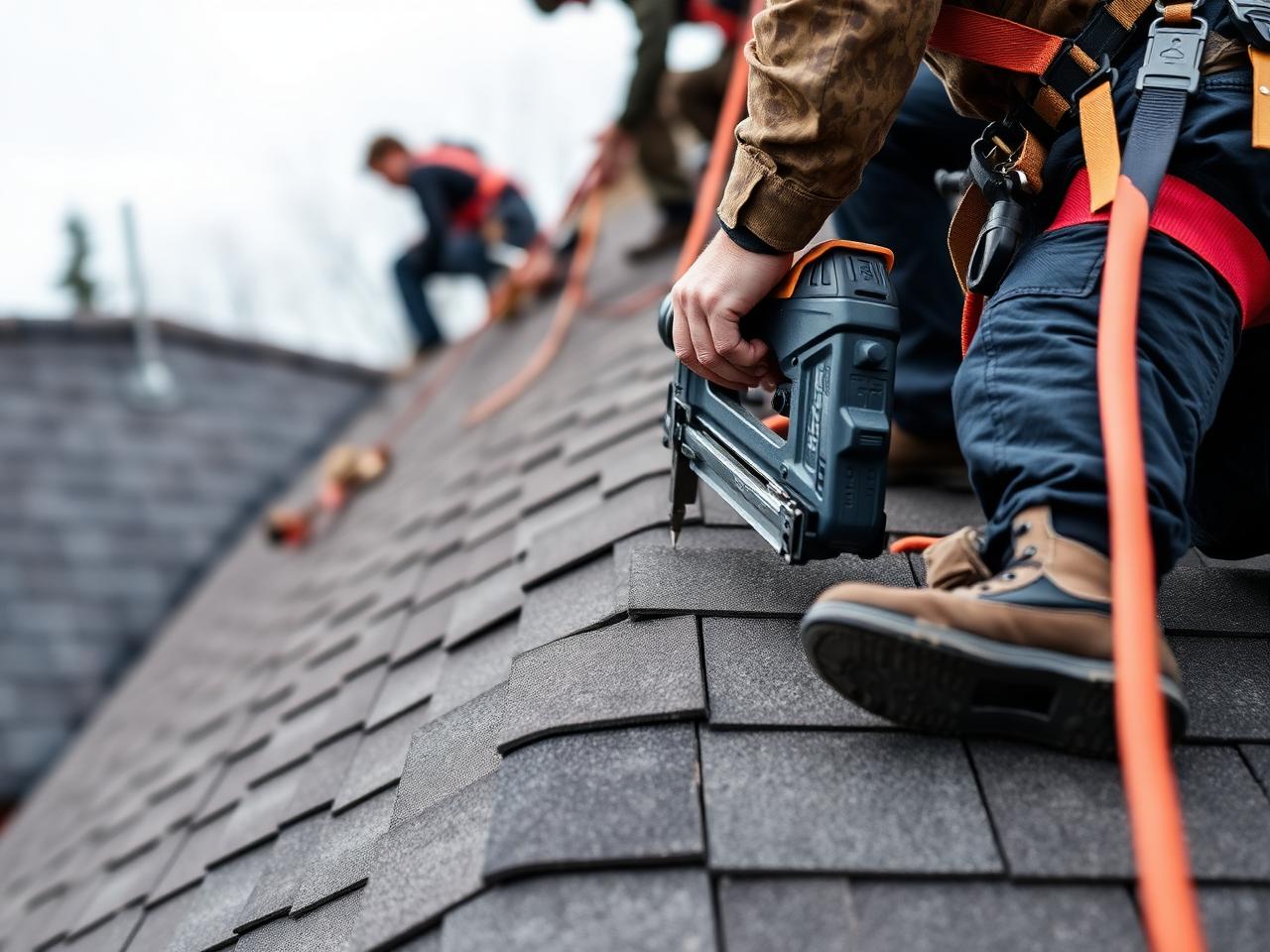 Roofing crew nailing down shingles on a steep residential roof